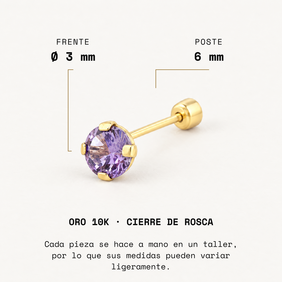 Broquel Solitario Zirconia Amatista 3 mm Oro 10K: medidas.