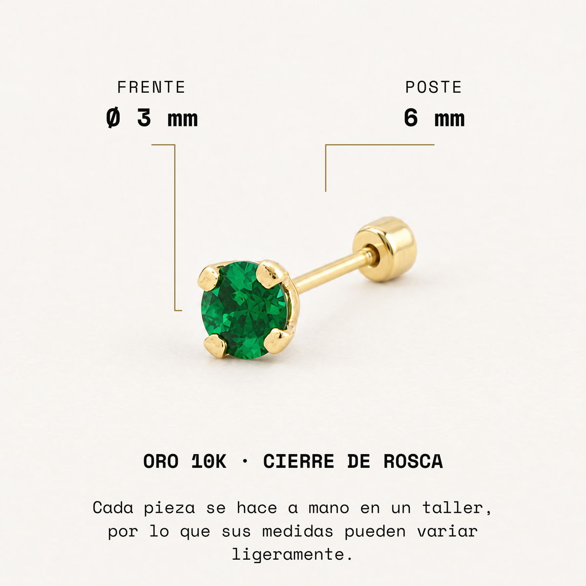 Broquel Solitario Zirconia Verde 3 mm Oro 10K: medidas.