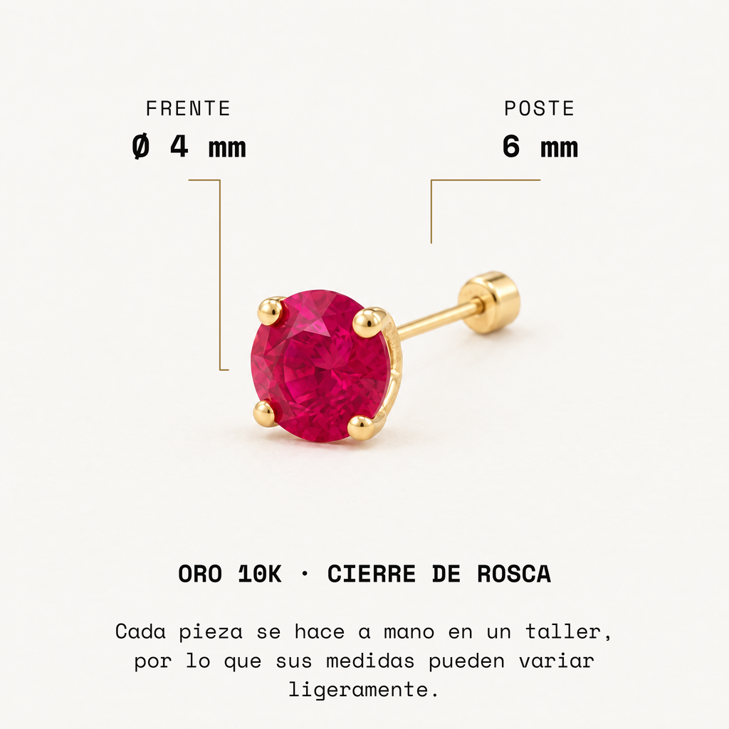 Broquel Solitario Zirconia Magenta 4 mm Oro 10K: medidas.