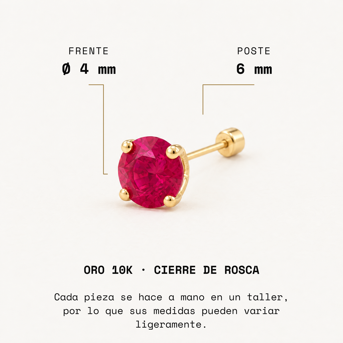 Broquel Solitario Zirconia Magenta 4 mm Oro 10K: medidas.