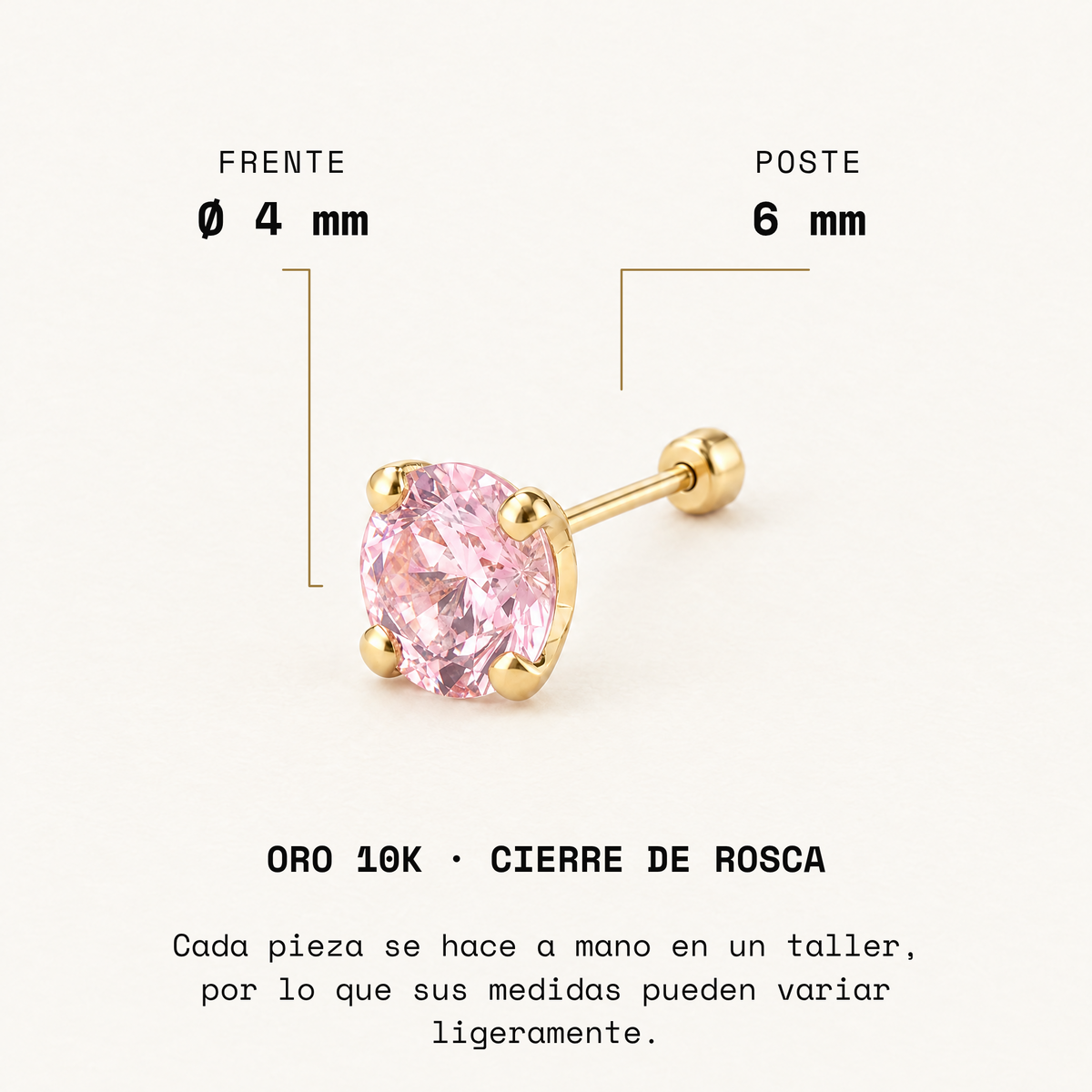 Broquel Solitario Zirconia Rosa 4 mm Oro 10K: medidas.