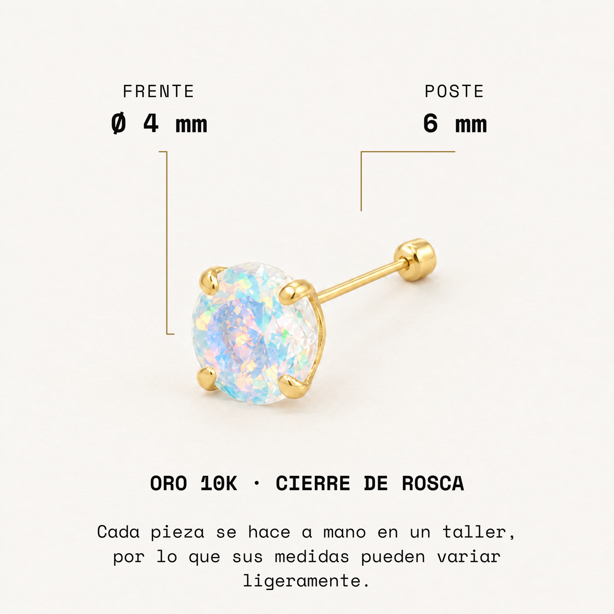 Broquel Solitario Zirconia Tornasol 4 mm Oro 10K: medidas.