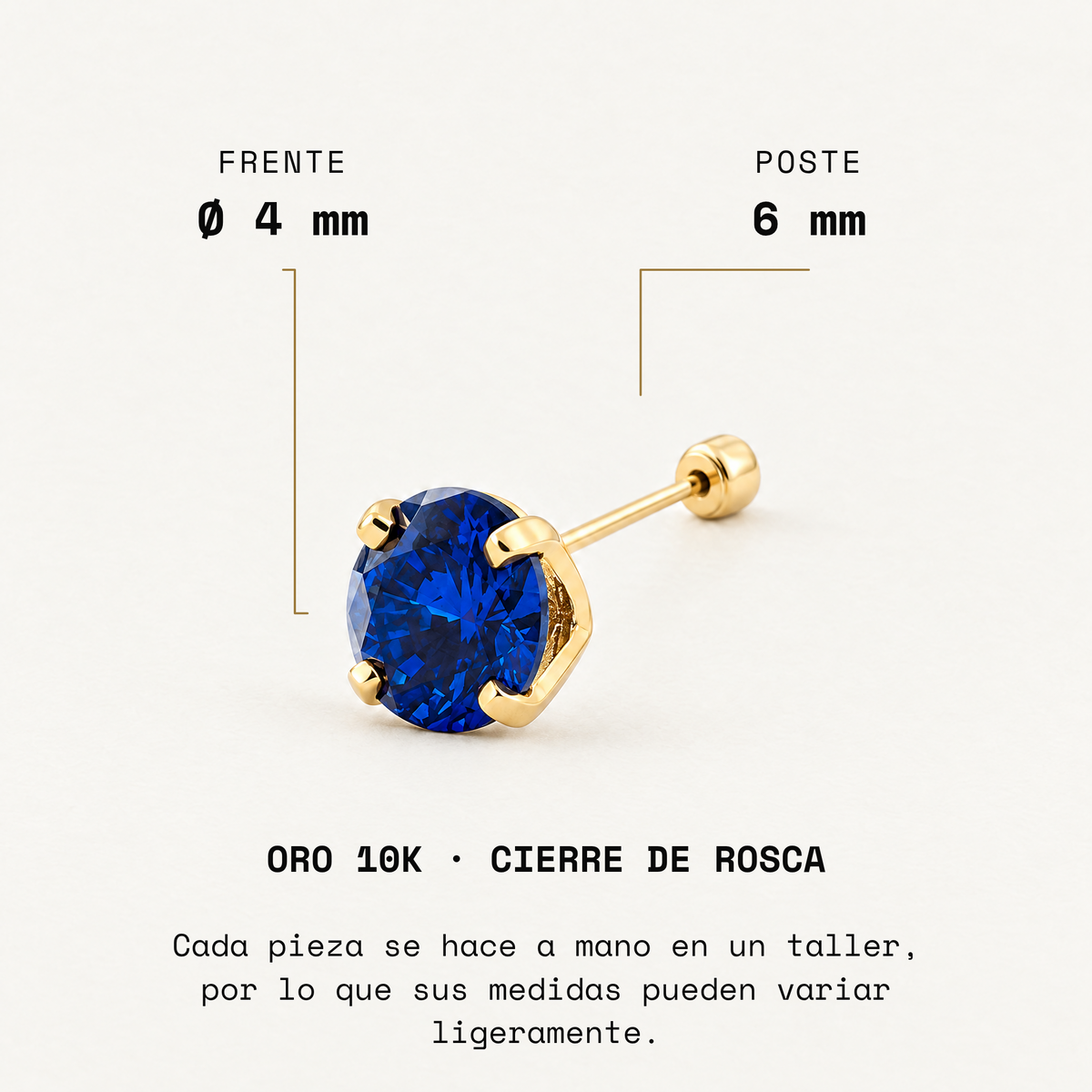 Broquel Solitario Zirconia Azul 4 mm Oro 10K: medidas.