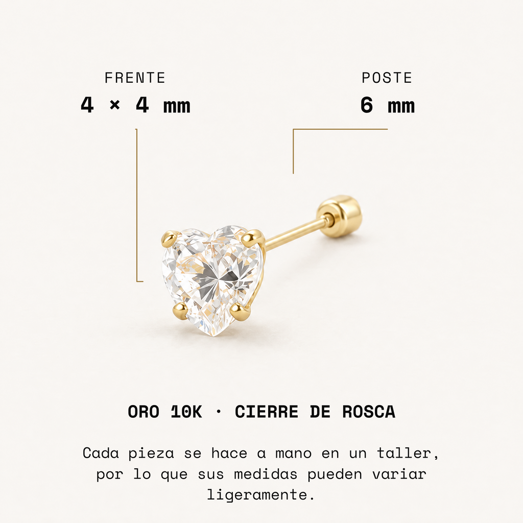 Broquel Corazón Zirconia 4 mm Oro 10K: medidas.