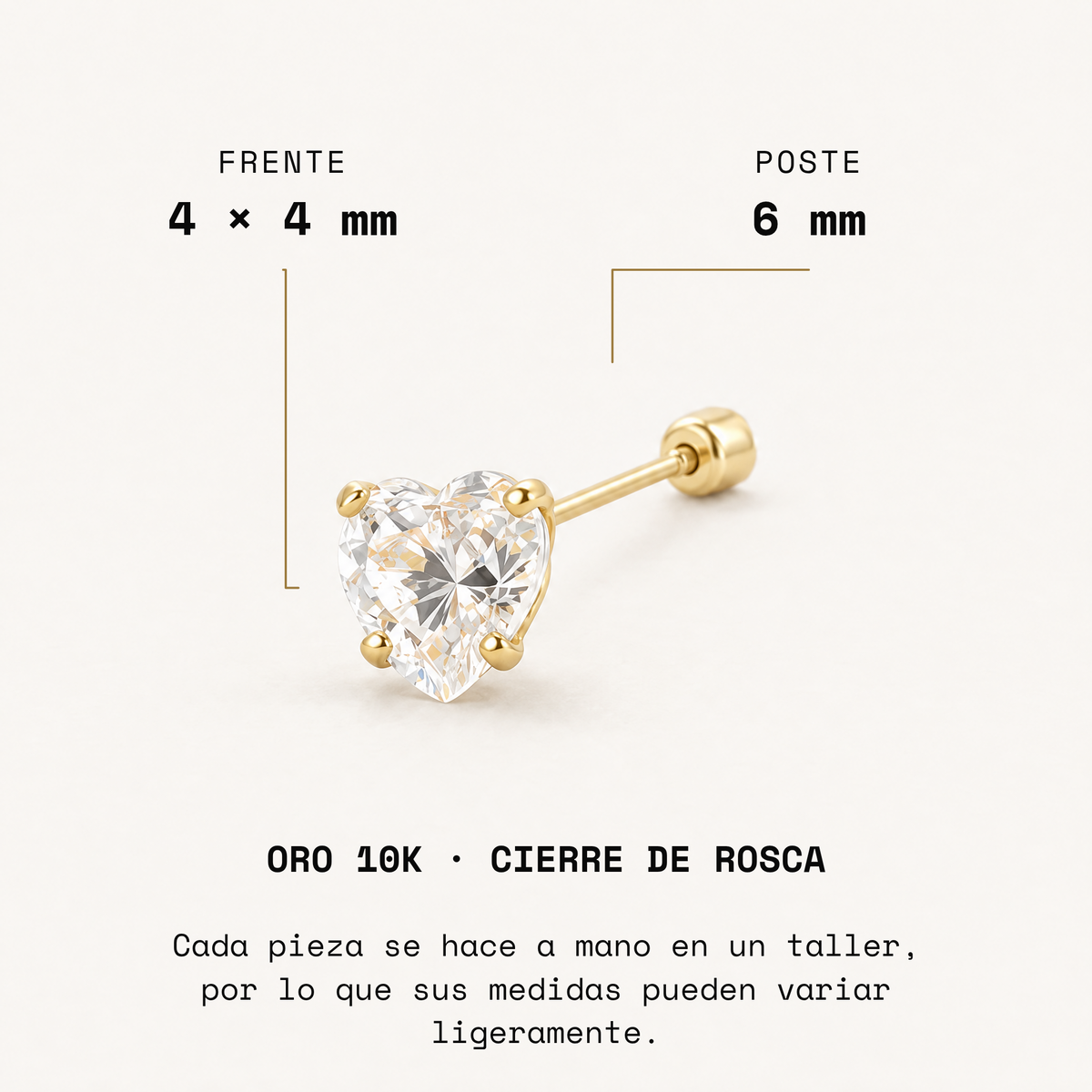Broquel Corazón Zirconia 4 mm Oro 10K: medidas.