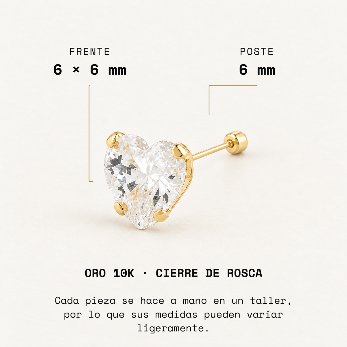 Broquel Corazón Zirconia 6 mm Oro 10K: medidas.