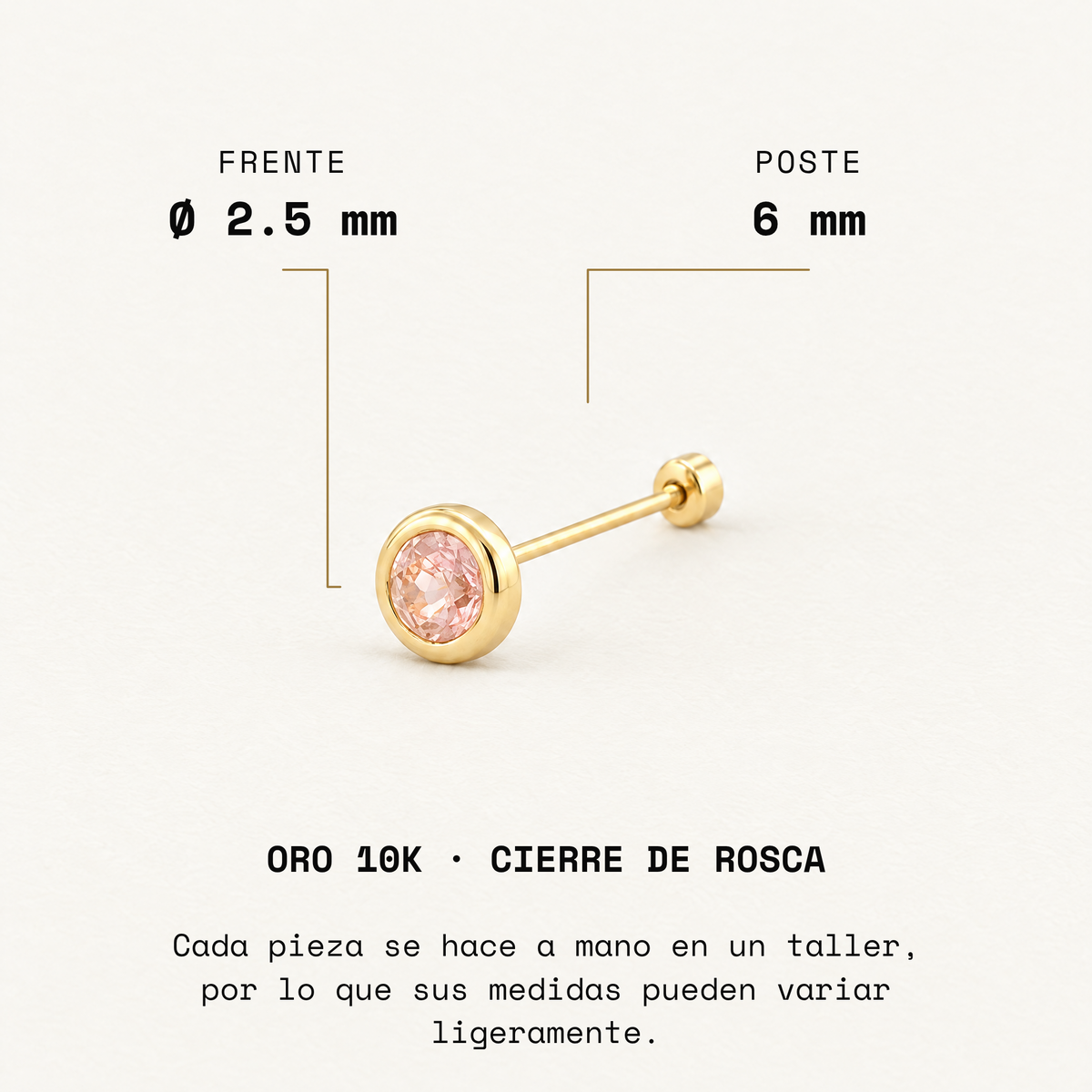 Broquel Bisel Zirconia Rosa 2.5 mm Oro 10K: medidas.