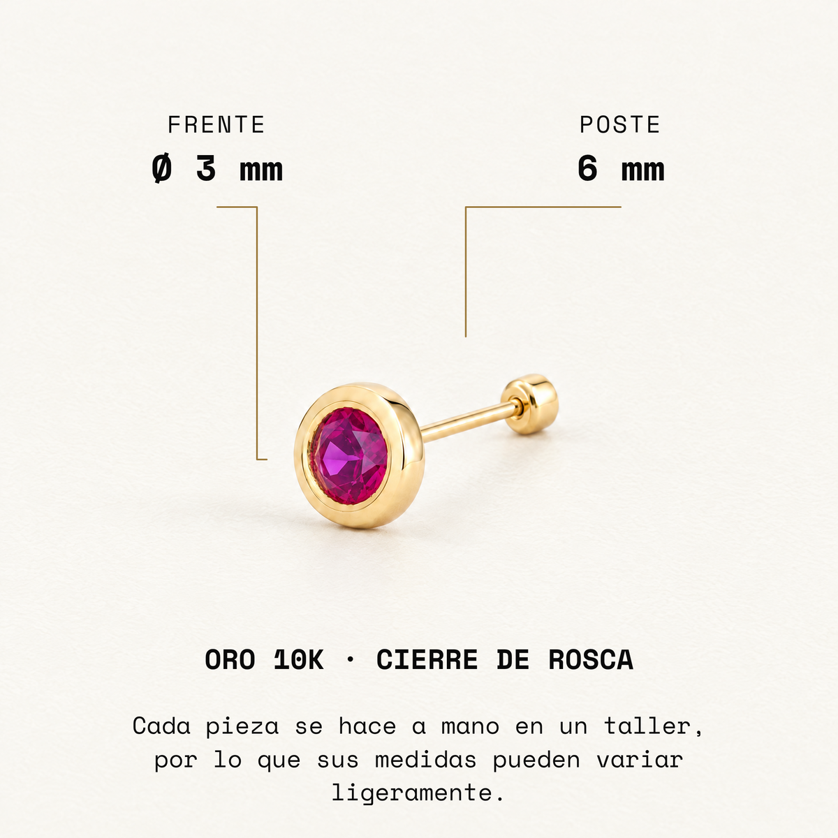 Broquel Bisel Zirconia Magenta 3 mm Oro 10K: medidas.