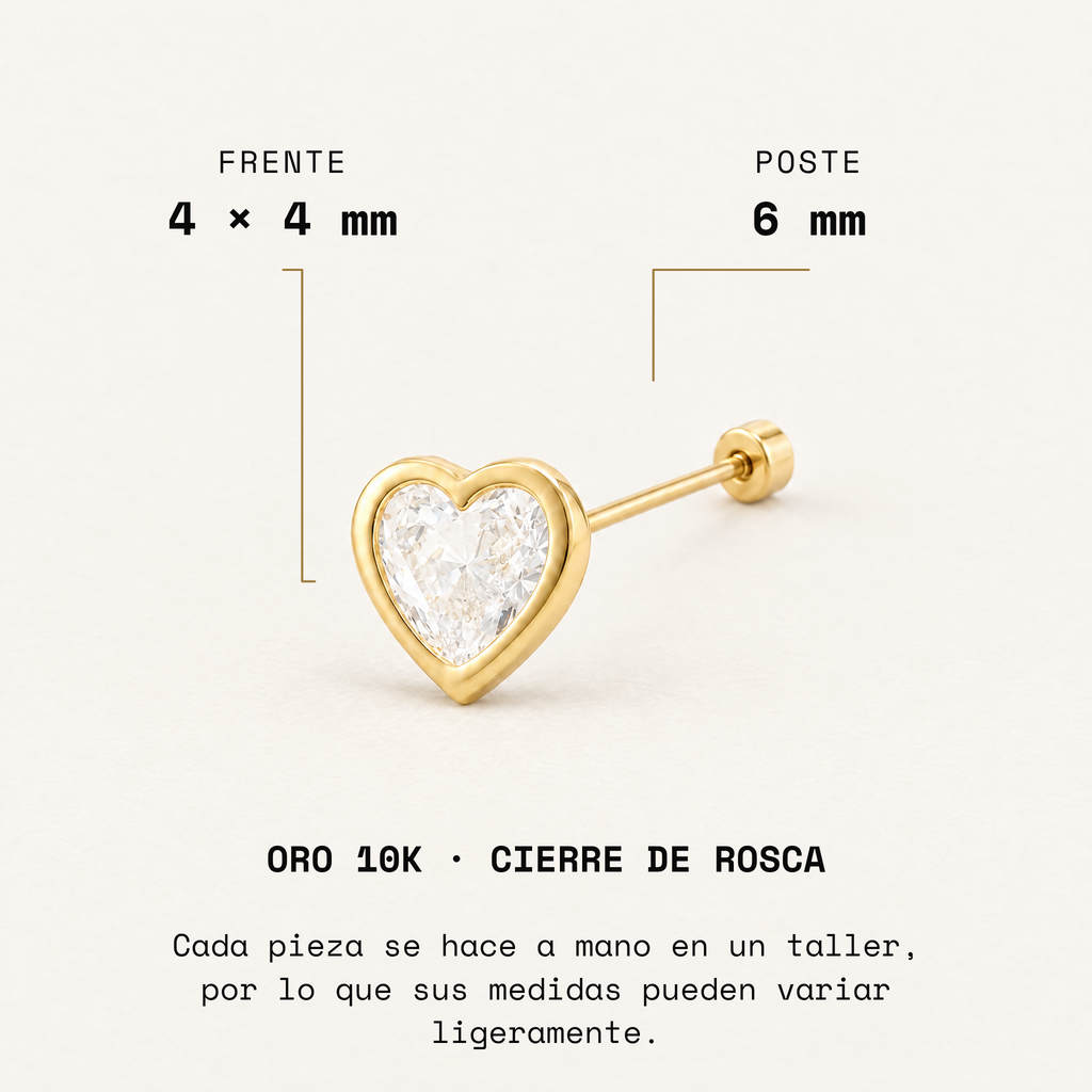 Broquel Bisel Corazón Zirconia 4 mm Oro 10K: medidas.
