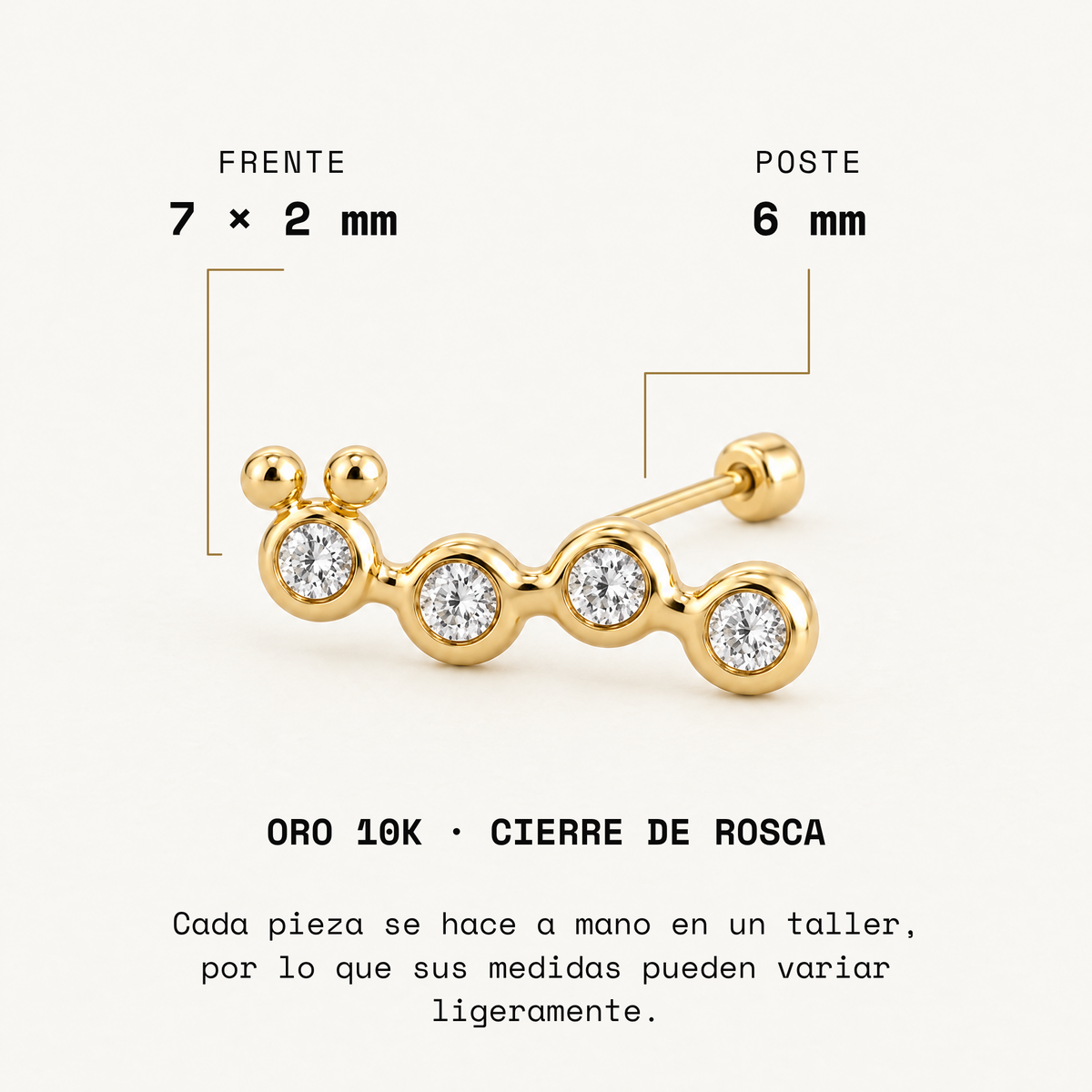 Broquel Gusanito Biselado Oro 10K: medidas.