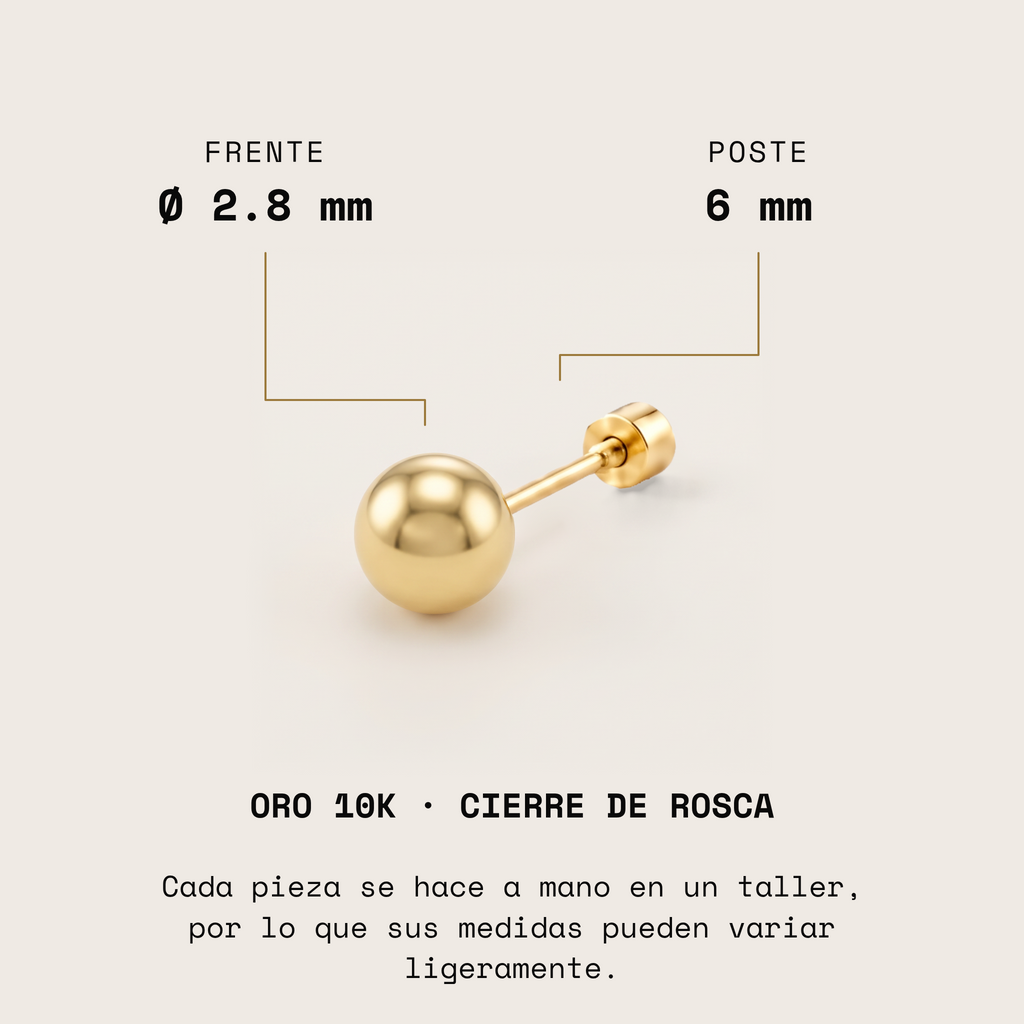 Broquel Dormilona de oro 10k, frente de 2.8 mm y poste de 6 mm
