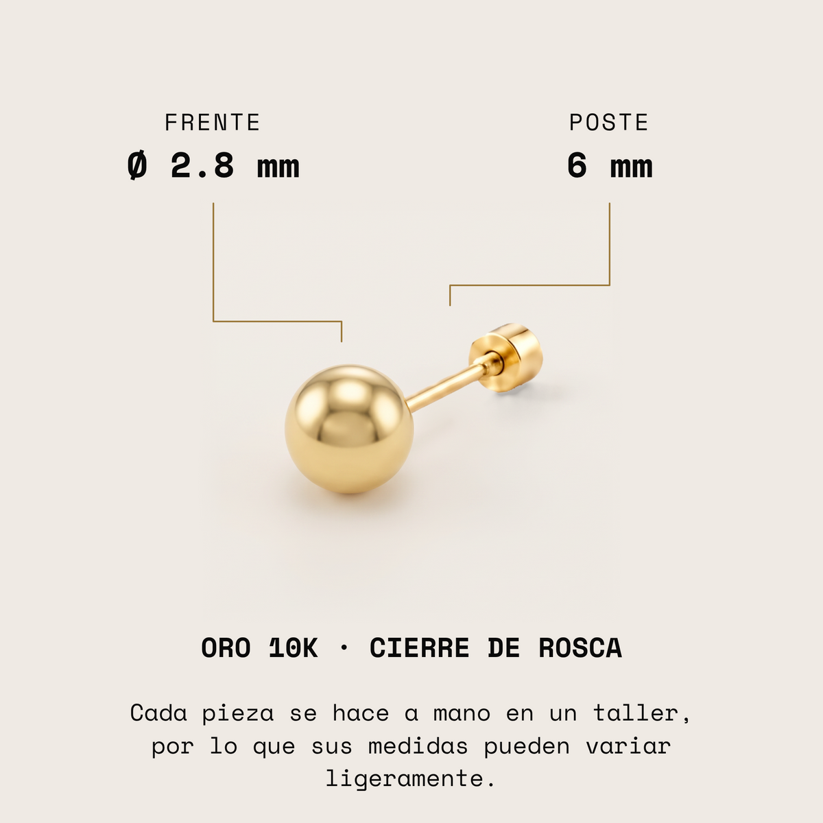 Broquel Dormilona de oro 10k, frente de 2.8 mm y poste de 6 mm