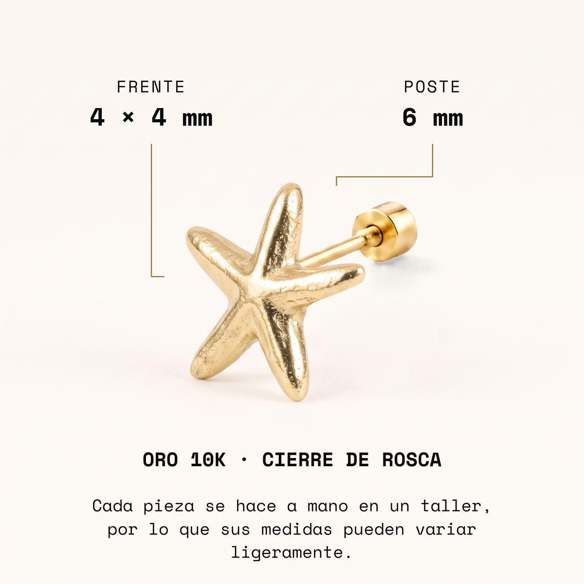 Broquel Estrella de Mar Oro 10K: medidas del frente y poste.