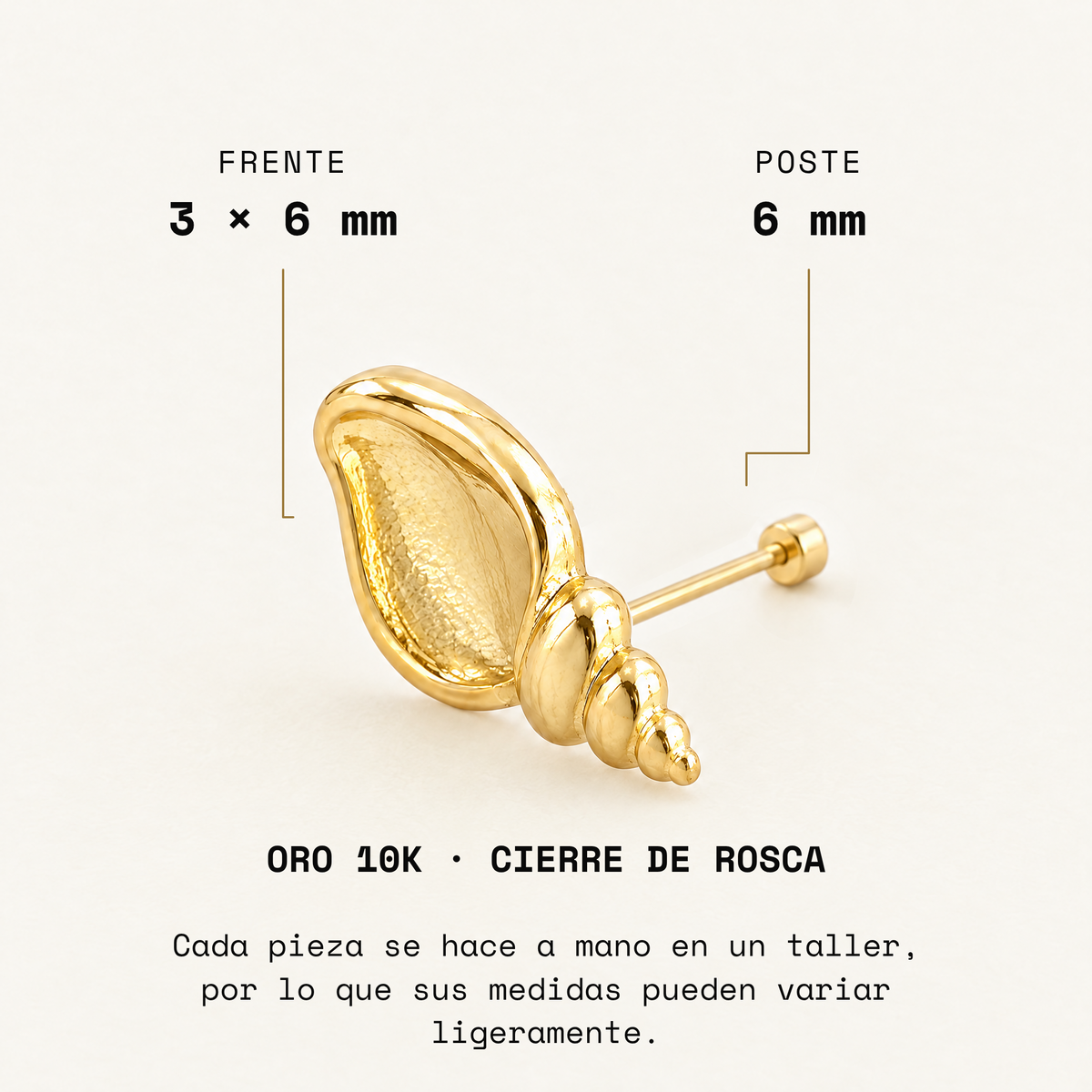 Broquel Caracolito Oro 10K · Medidas