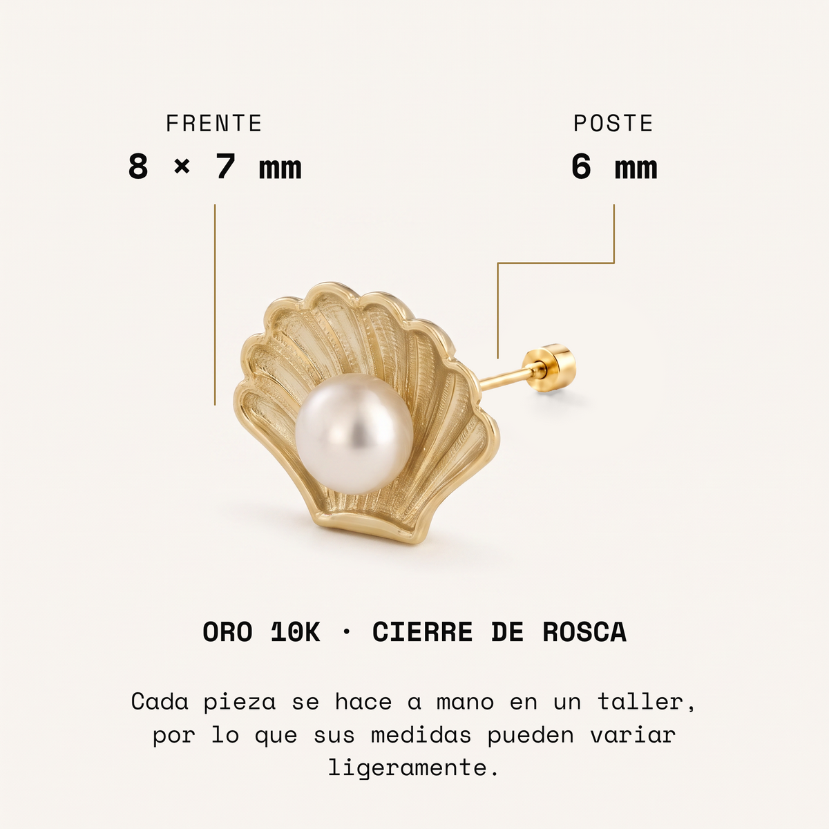 Broquel Almeja con Perla Oro 10K: medidas.