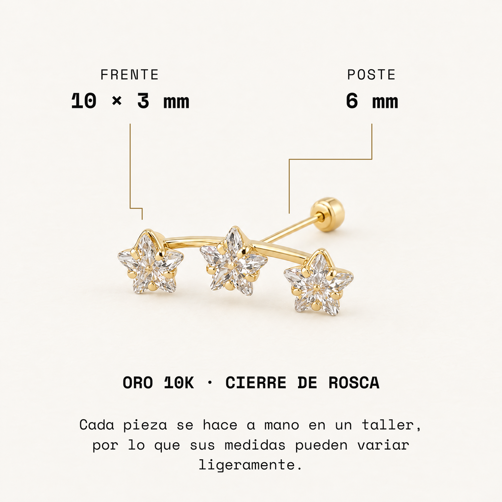 Broquel Constelación Zirconia de oro 10k, frente de 10 × 3 mm y poste de 6 mm