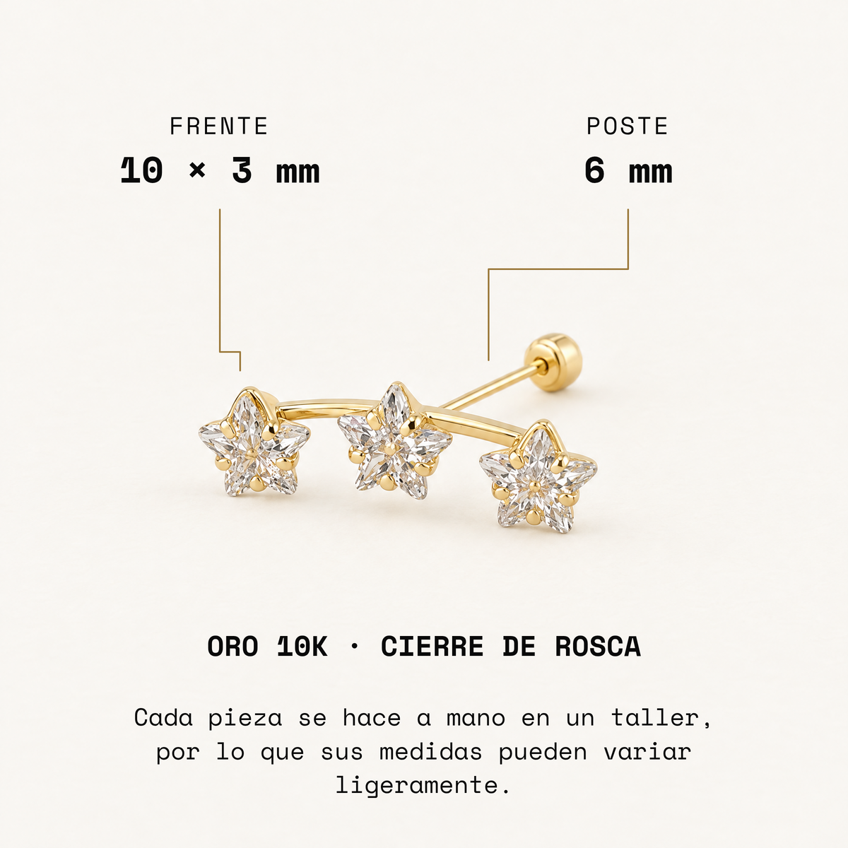 Broquel Constelación Zirconia de oro 10k, frente de 10 × 3 mm y poste de 6 mm