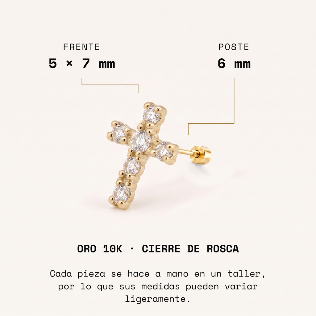 Broquel Cruz Zirconia de oro 10k, frente de 5 × 7 mm y poste de 6 mm