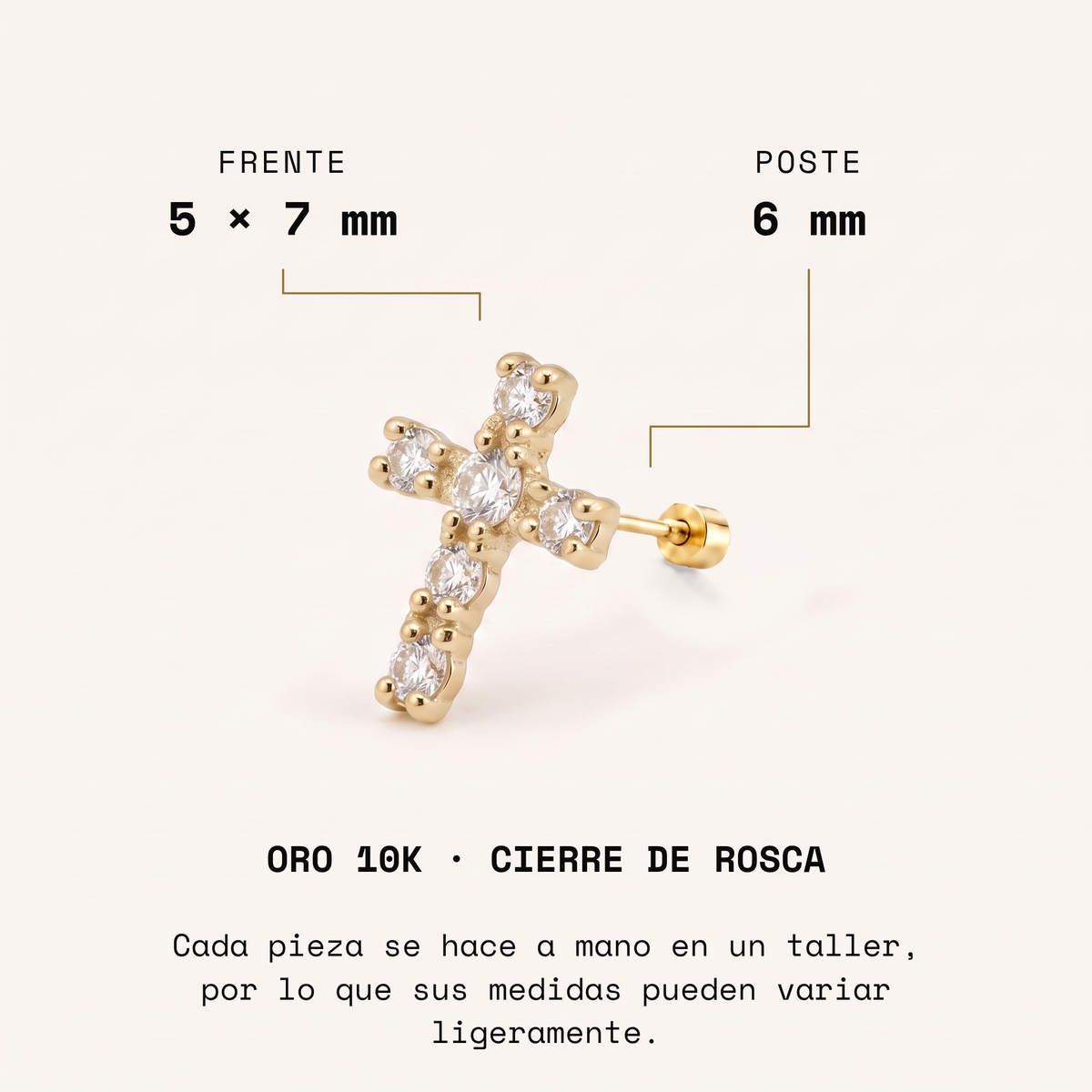 Broquel Cruz Zirconia de oro 10k, frente de 5 × 7 mm y poste de 6 mm