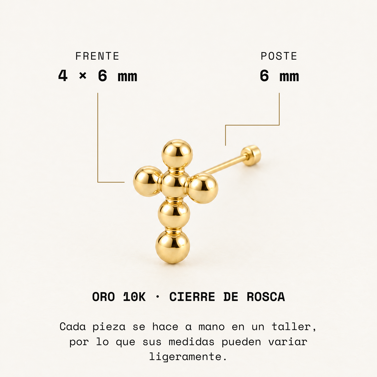 Broquel Cruz Bolitas Oro 10K: medidas.