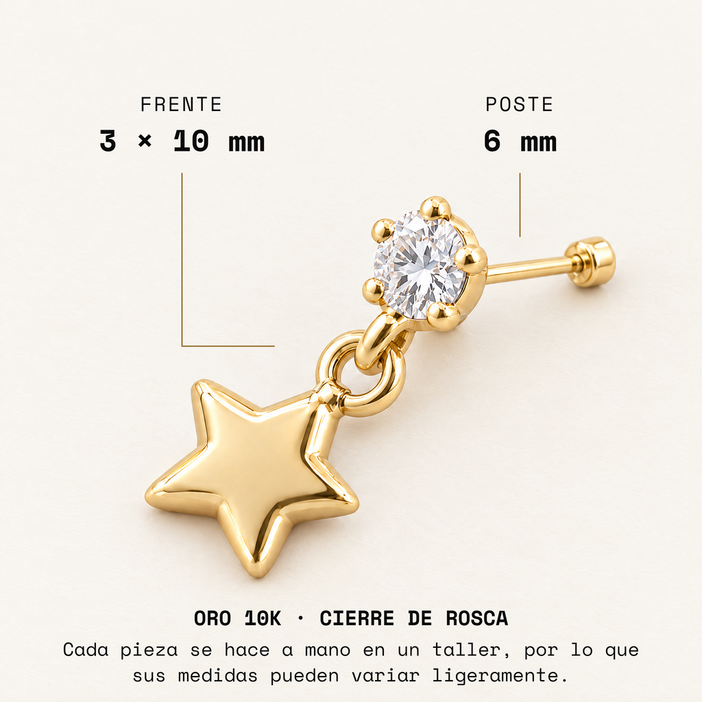 Broquel Zirconia con Estrella Colgante Oro 10K: medidas.