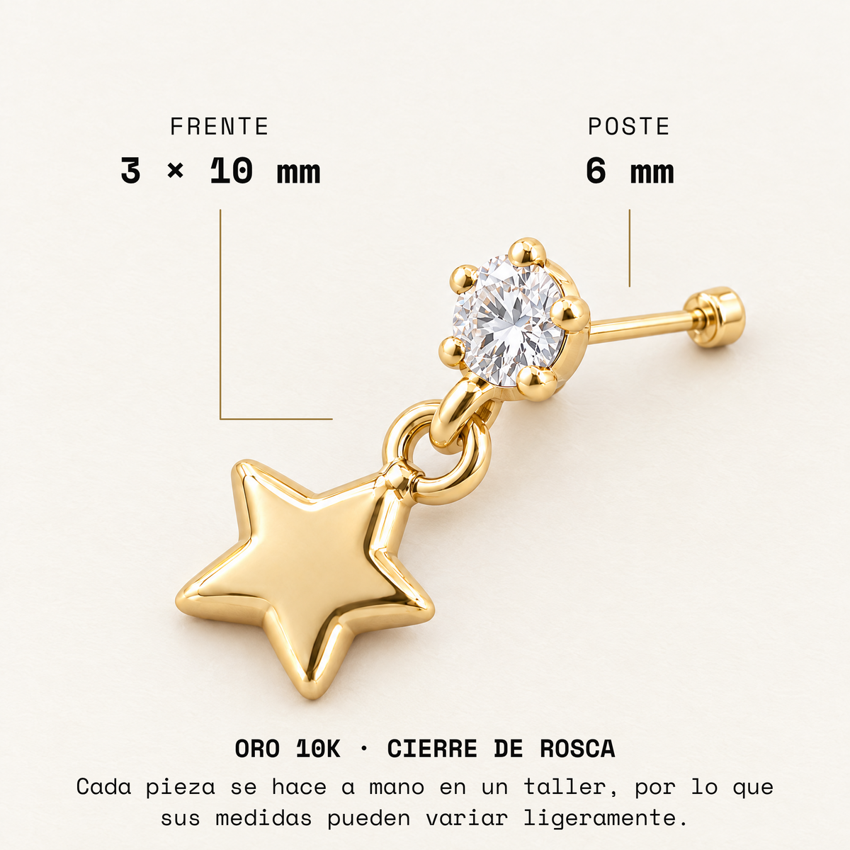 Broquel Zirconia con Estrella Colgante Oro 10K: medidas.