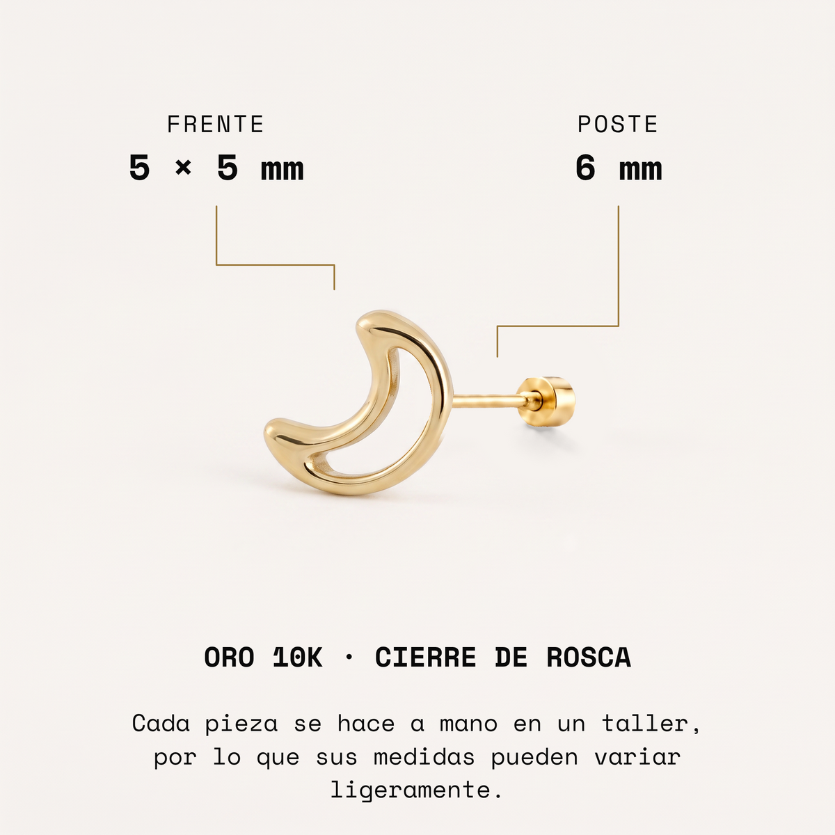 Broquel Silueta Luna de oro 10k, frente de 5 × 5 mm y poste de 6 mm