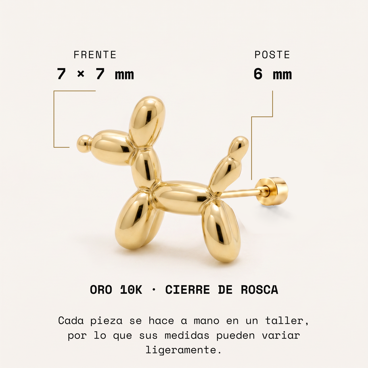 Broquel Perro Globo Oro 10K: medidas.