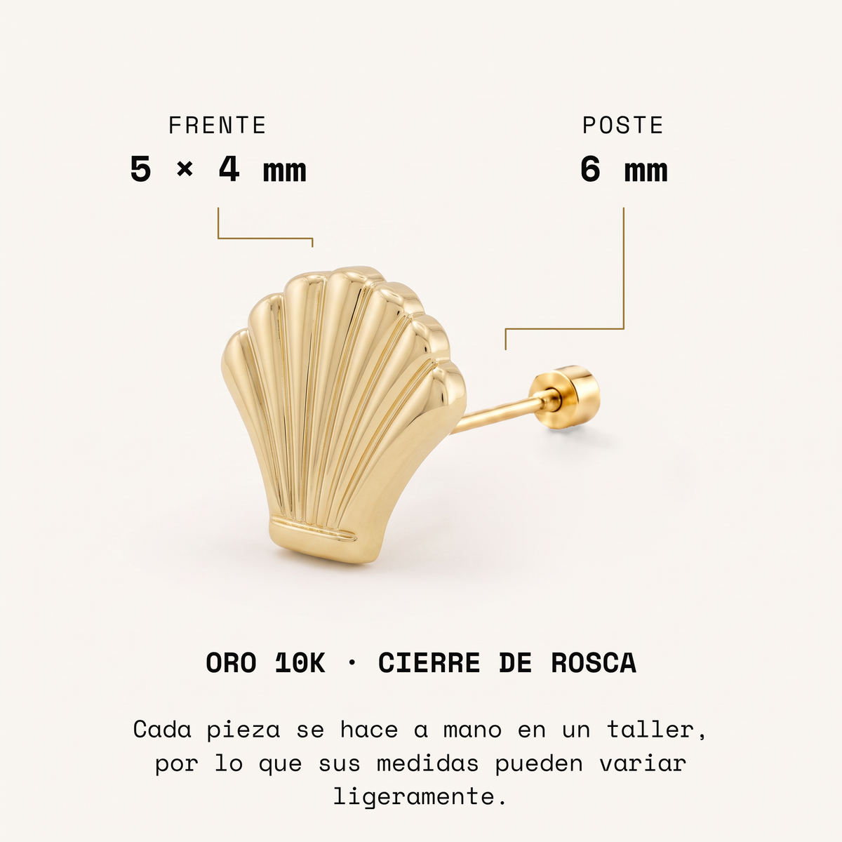 Broquel Conchita Oro 10K: frente 5 × 4 mm y poste de 6 mm. Fotografía ampliada.
