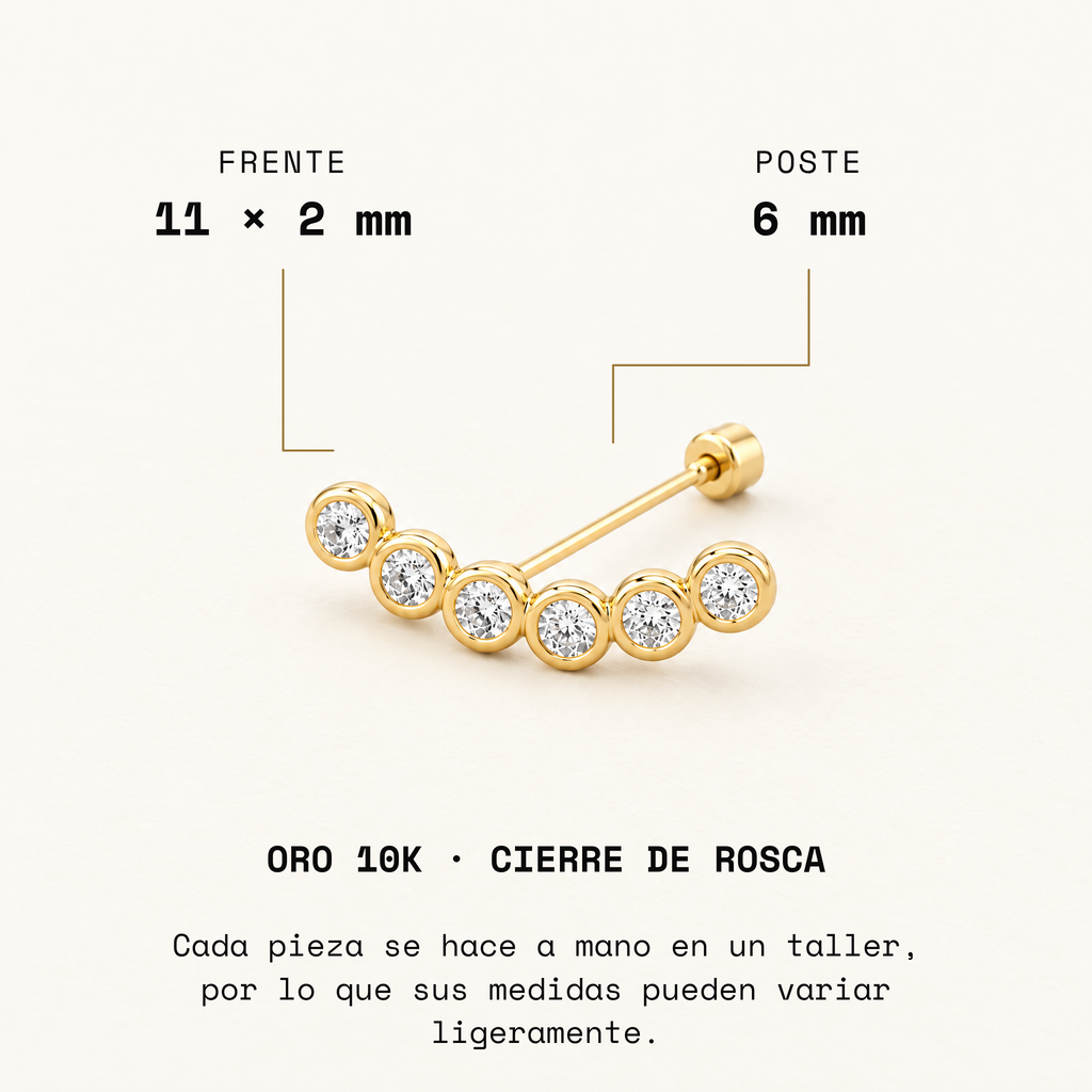 Broquel Lambada Biselada de oro 10k, frente de 11 mm de largo por 2 mm de alto y poste de 6 mm