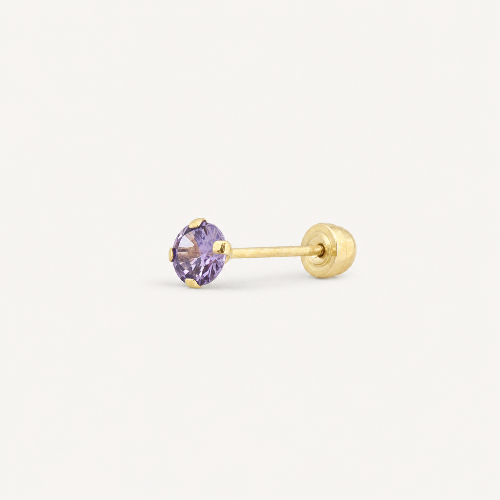 Broquel Solitario Zirconia Amatista 3 mm Oro 10K — vista diagonal