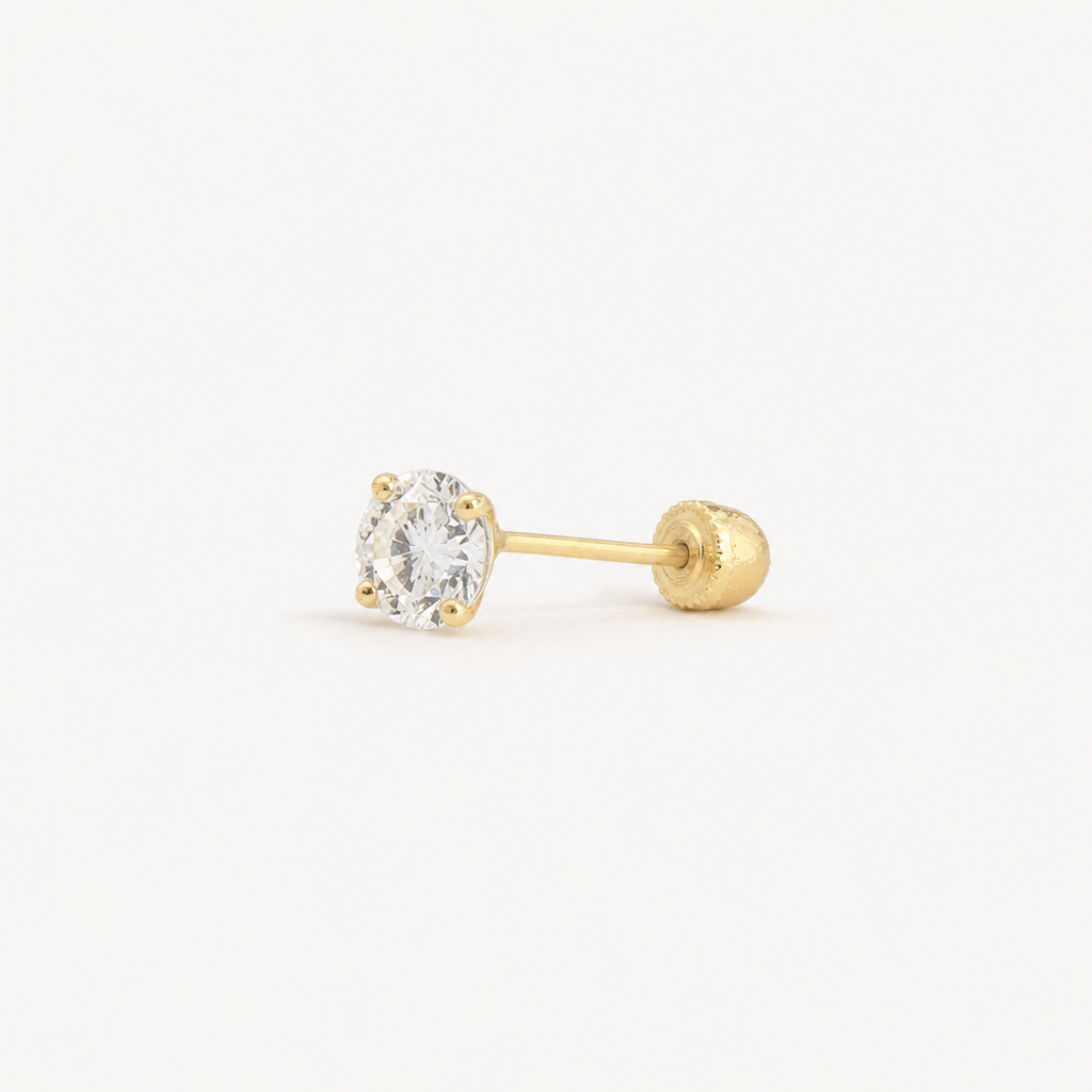 Broquel Solitario Zirconia Blanca 4 mm Oro 10K — vista diagonal