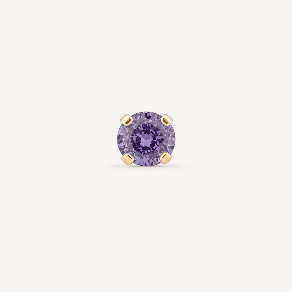 Broquel Solitario Zirconia Amatista 4 mm Oro 10K — vista frontal