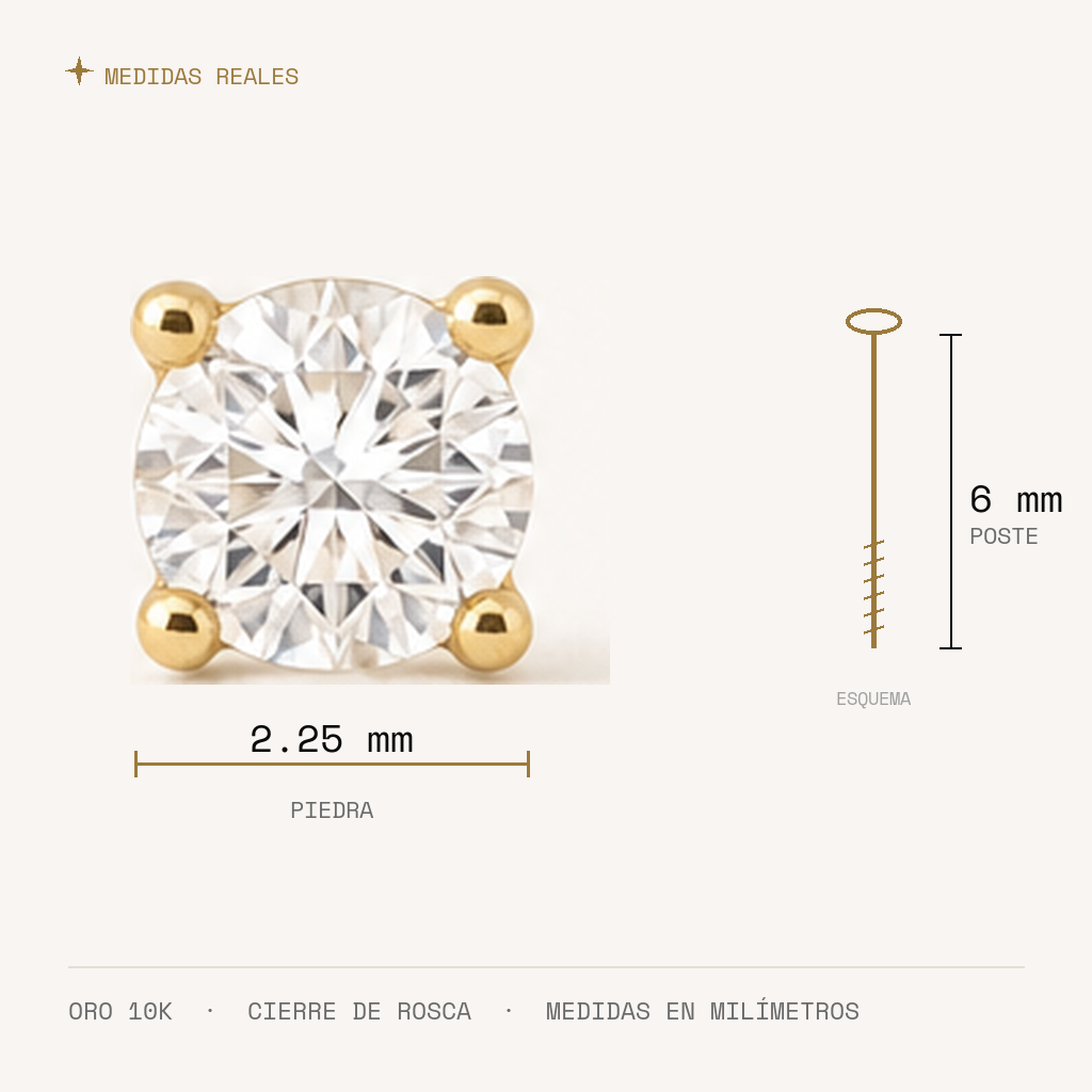 Broquel Solitario Zirconia Blanca 2.25 mm Oro 10K — medidas reales