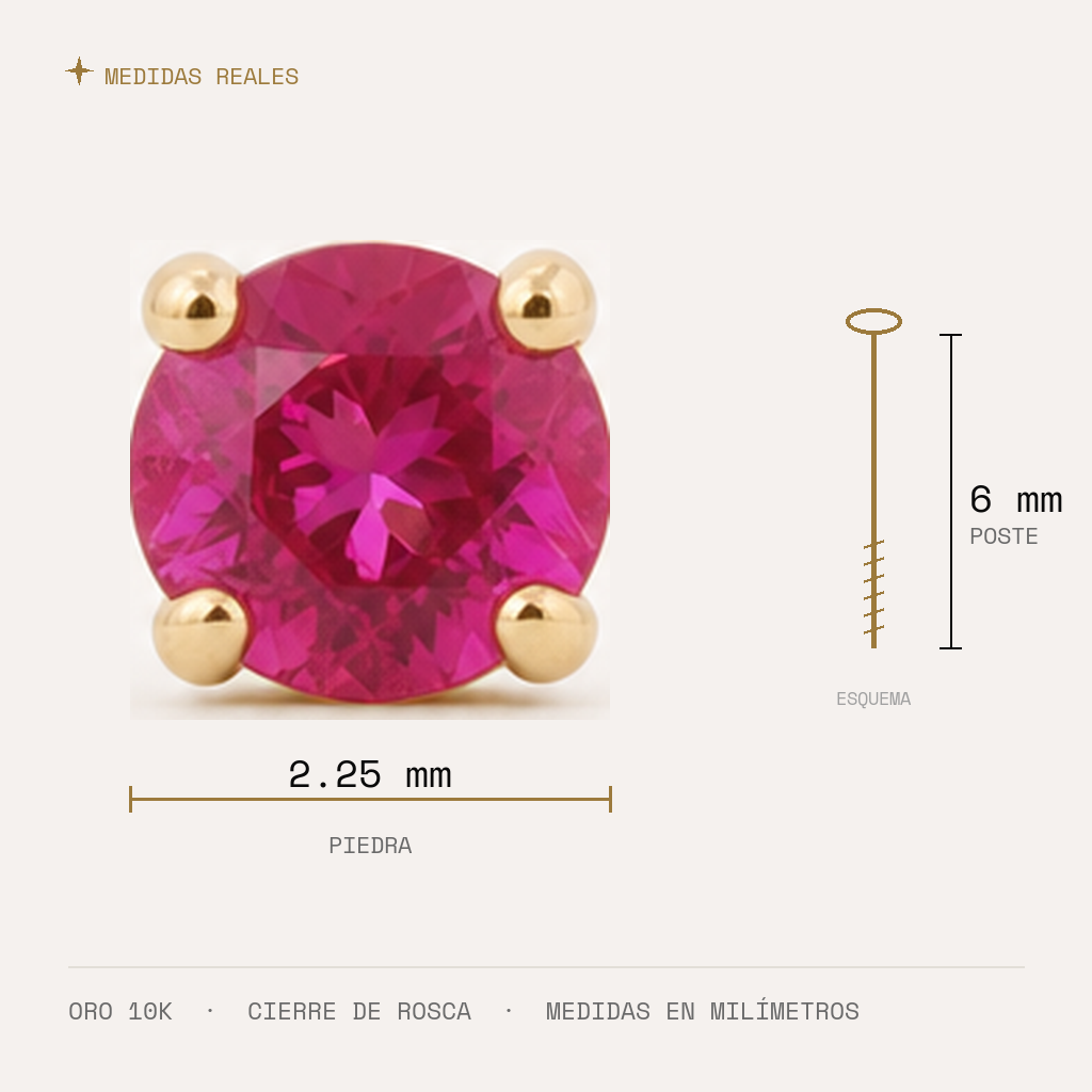Broquel Solitario Zirconia Rubí 2.25 mm Oro 10K — medidas reales