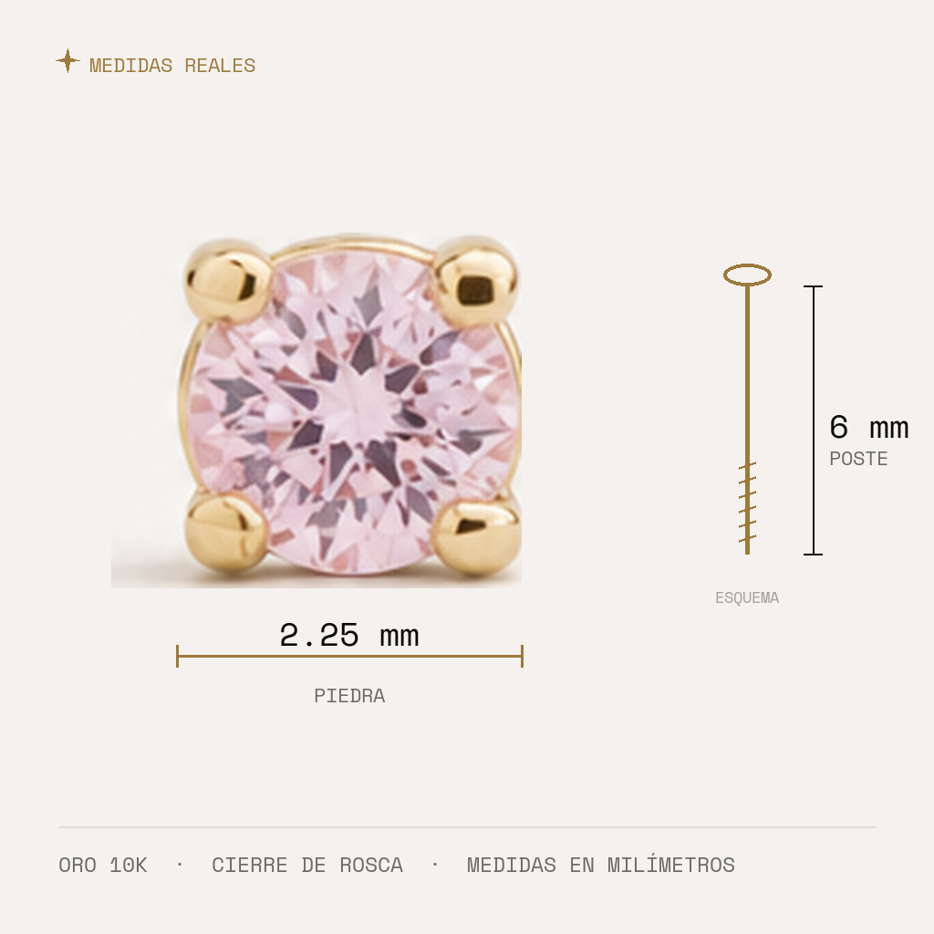 Broquel Solitario Zirconia Rosa 2.25 mm Oro 10K — medidas reales