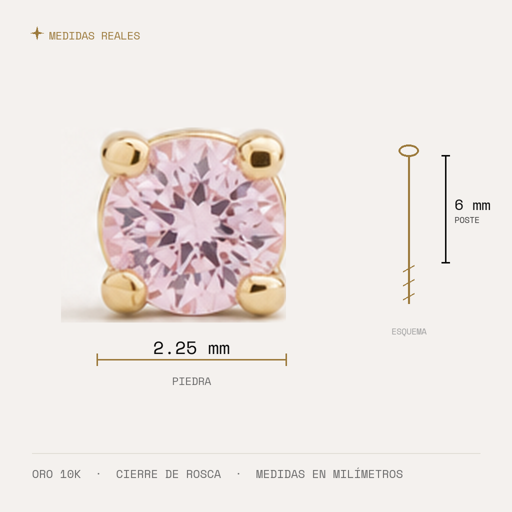 Broquel Solitario Zirconia Rosa 2.25 mm Oro 10K — medidas reales