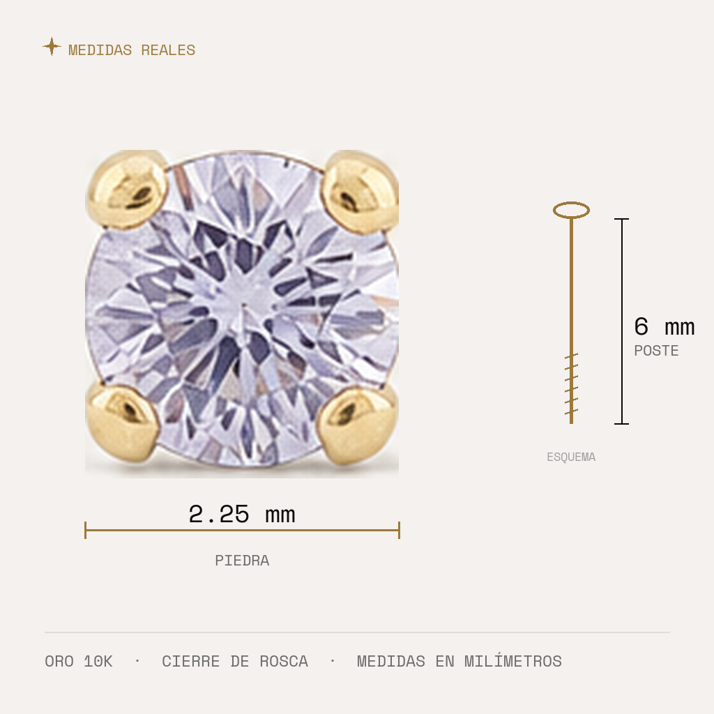 Broquel Solitario Zirconia Lila 2.25 mm Oro 10K — medidas reales