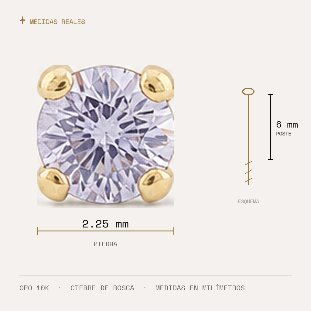 Broquel Solitario Zirconia Lila 2.25 mm Oro 10K — medidas reales