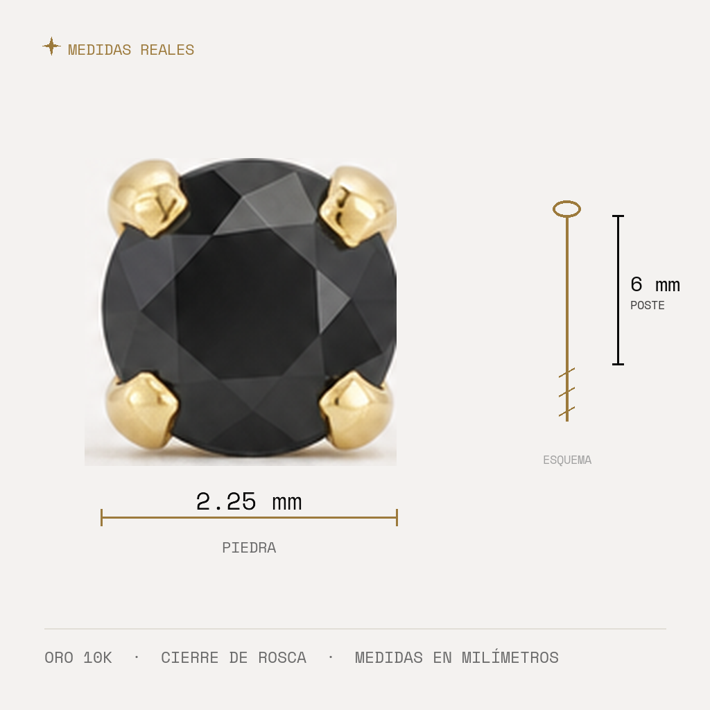 Broquel Solitario Zirconia Negra 2.25 mm Oro 10K — medidas reales