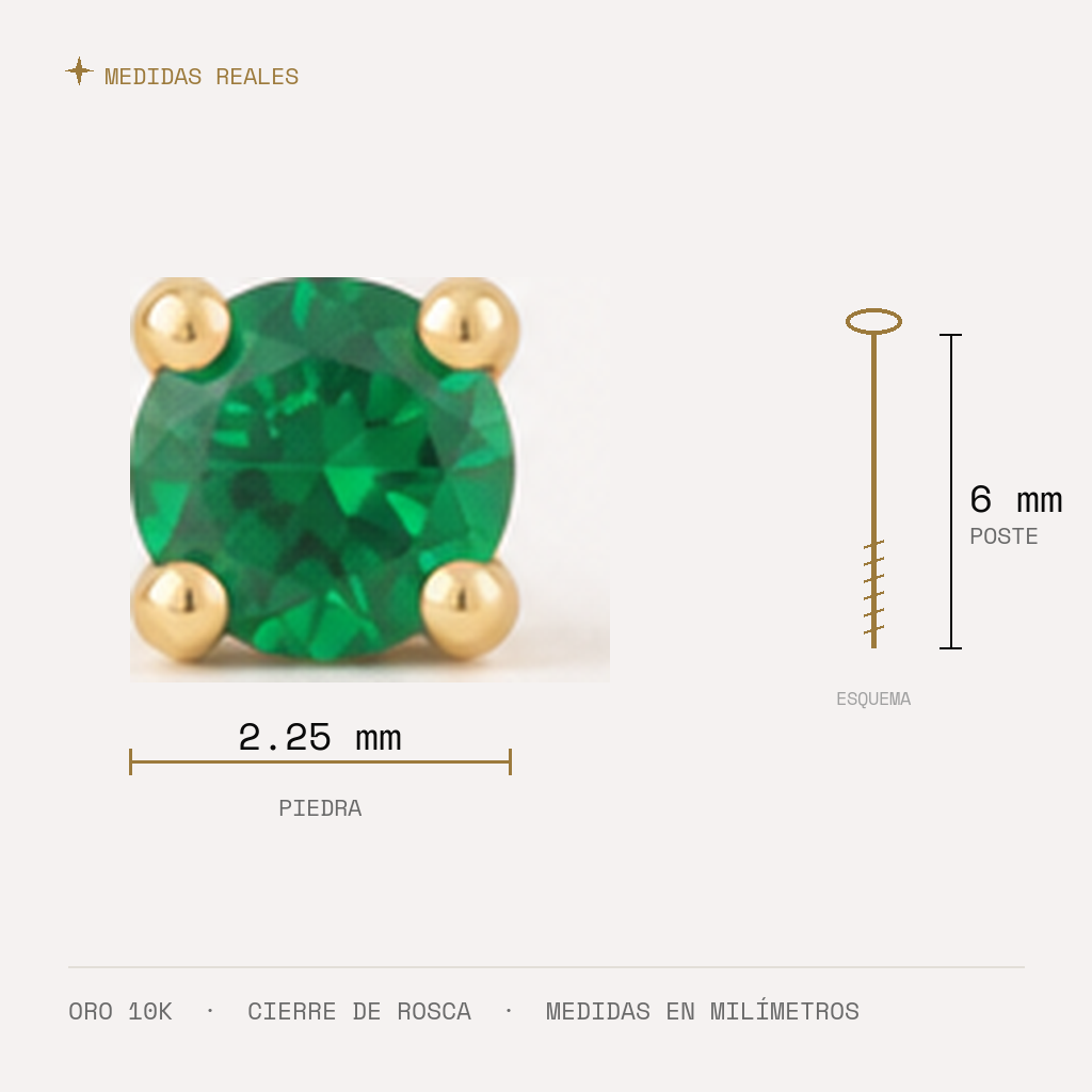 Broquel Solitario Zirconia Verde 2.25 mm Oro 10K — medidas reales
