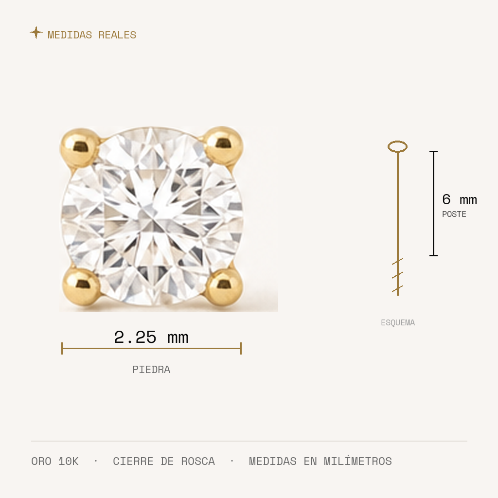 Broquel Solitario Zirconia Blanca 2.25 mm Oro 10K — medidas reales