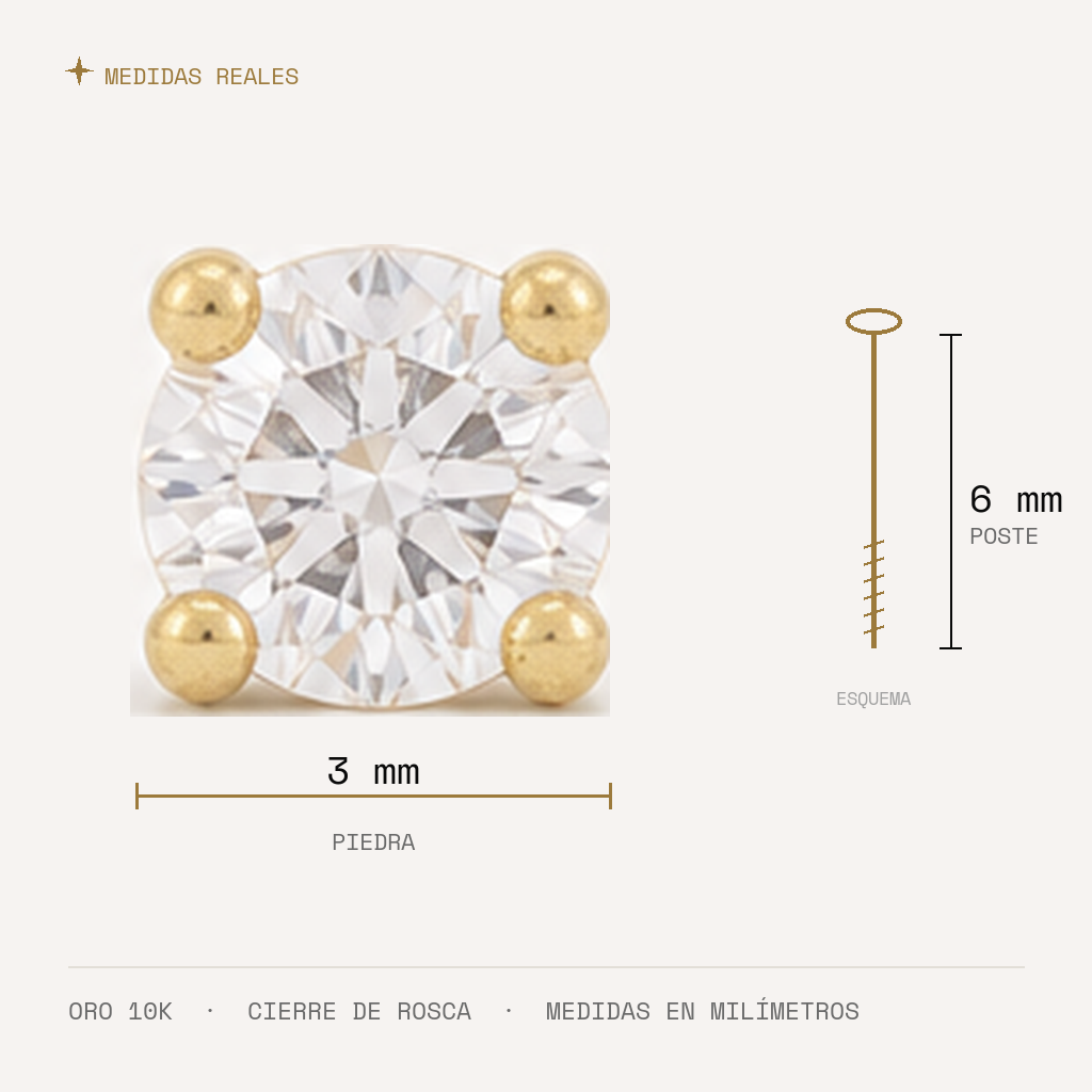 Broquel Solitario Zirconia Blanca 3 mm Oro 10K — medidas reales