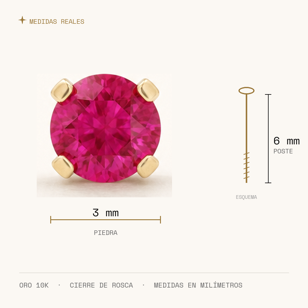 Broquel Solitario Zirconia Rubí 3 mm Oro 10K — medidas reales
