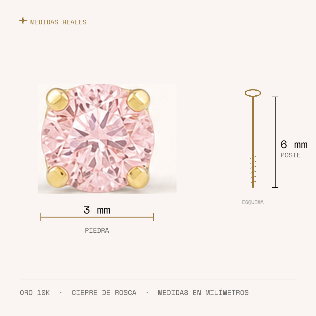Broquel Solitario Zirconia Rosa 3 mm Oro 10K — medidas reales