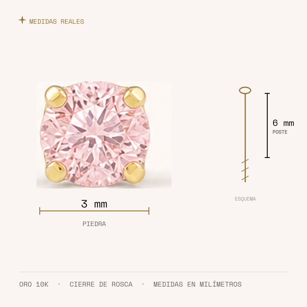 Broquel Solitario Zirconia Rosa 3 mm Oro 10K — medidas reales