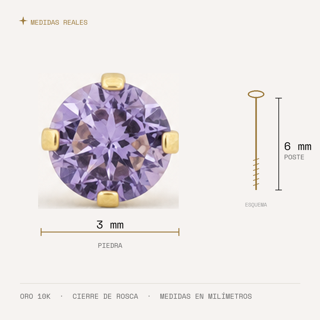 Broquel Solitario Zirconia Amatista 3 mm Oro 10K — medidas reales