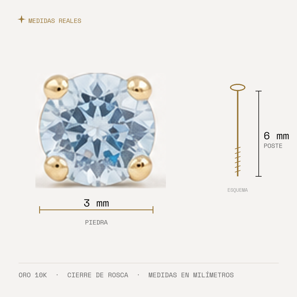 Broquel Solitario Zirconia Aqua 3 mm Oro 10K — medidas reales