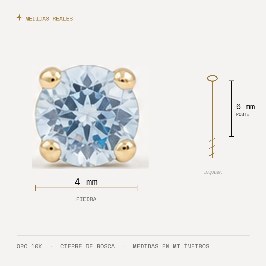 Broquel Solitario Zirconia Aqua 4 mm Oro 10K — medidas reales