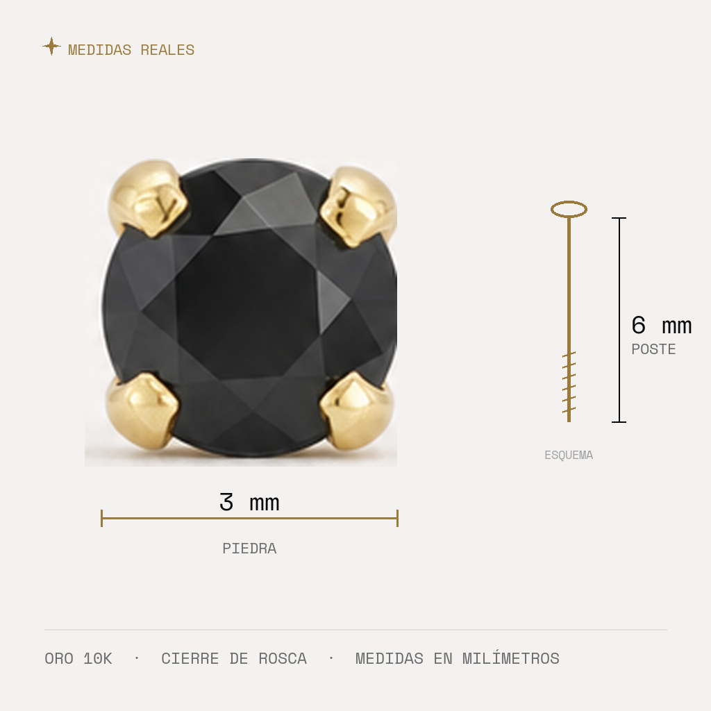 Broquel Solitario Zirconia Negra 3 mm Oro 10K — medidas reales